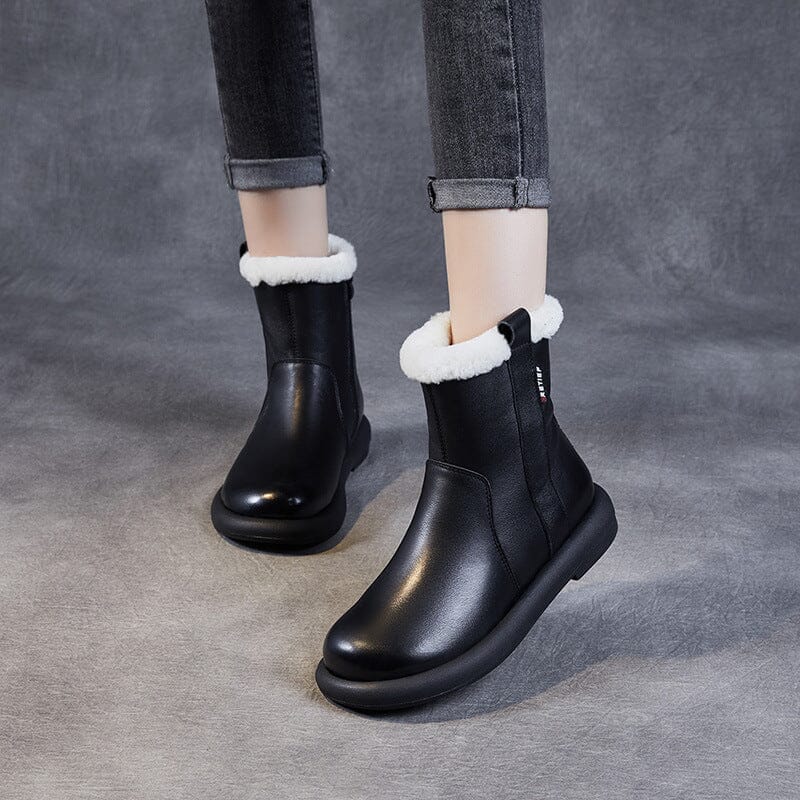 Women Retro Leather Woolen Winter Snow Boots