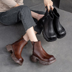 Women Retro Minimalist Leather Chunky Platform Boots