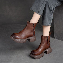 Women Retro Minimalist Leather Chunky Platform Boots