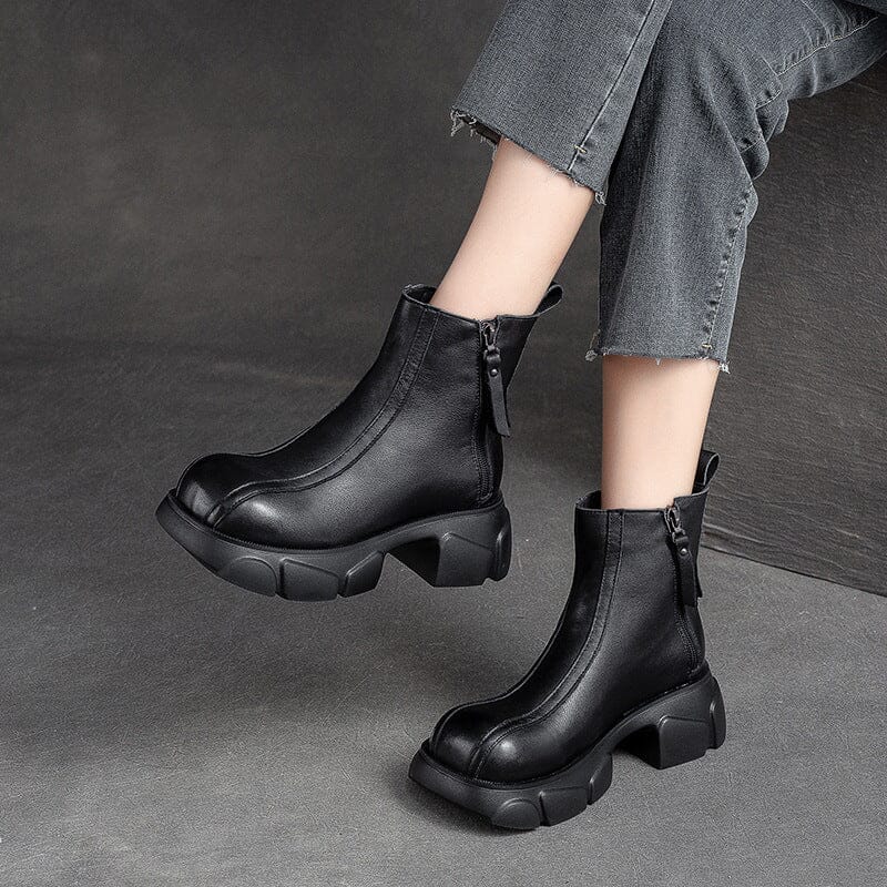 Women Retro Minimalist Leather Chunky Platform Boots