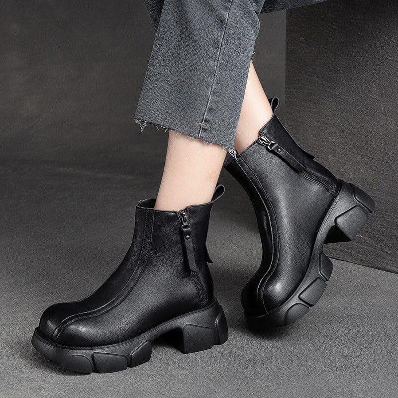 Women Retro Minimalist Leather Chunky Platform Boots