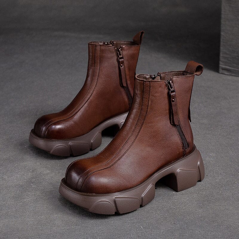 Women Retro Minimalist Leather Chunky Platform Boots