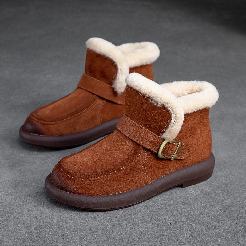 Women Retro Minimalist Leather Furred Snow Boots