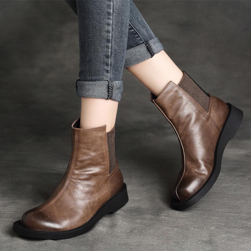 Women Retro Round Toe Flat Paneled Martin Boots