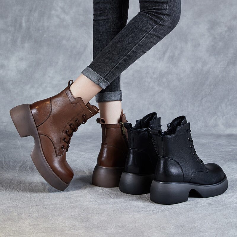 Women Retro Solid Leather Casual Thick Soled Boots