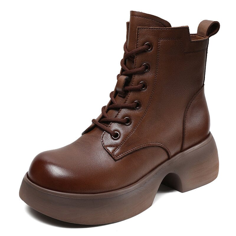 Women Retro Solid Leather Casual Thick Soled Boots