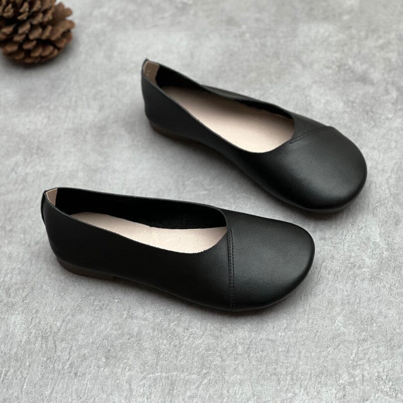 Women Retro Solid Leather Flat Soft Casual Shoes