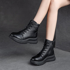 Women Retro Solid Leather Furred Winter Boots