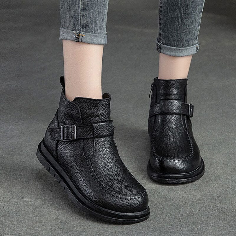 Women Retro Solid Leather Winter Furred Boots