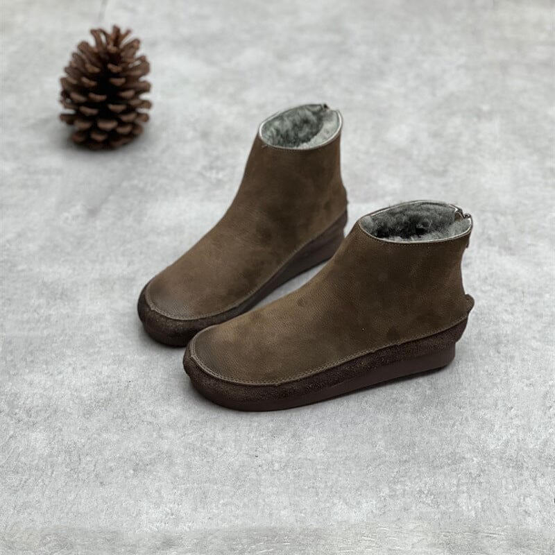 Women Retro Solid Leather Winter Furred Flat Boots