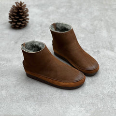 Women Retro Solid Leather Winter Furred Flat Boots