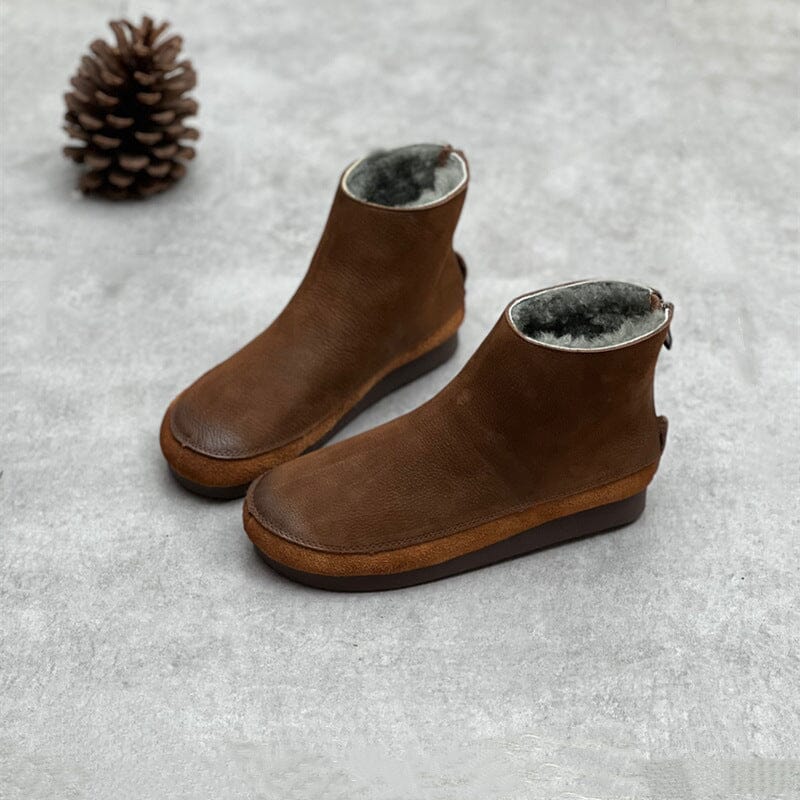 Women Retro Solid Leather Winter Furred Flat Boots