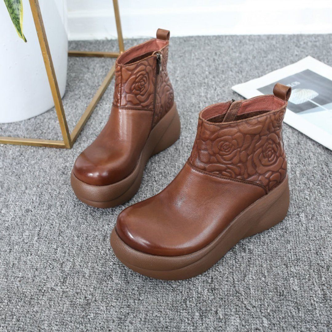 Women Rose Embossed Platform Leather Boots