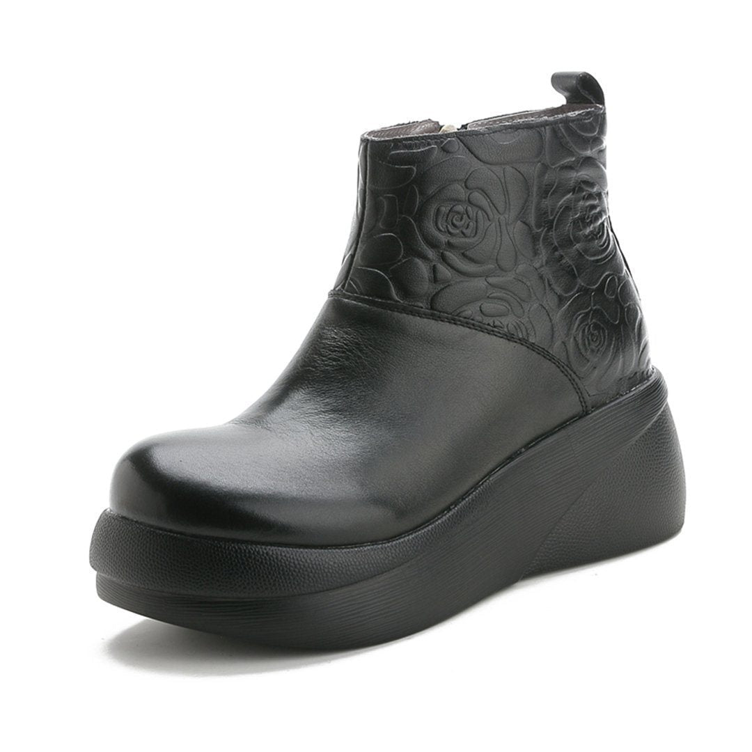 Women Rose Embossed Platform Leather Boots