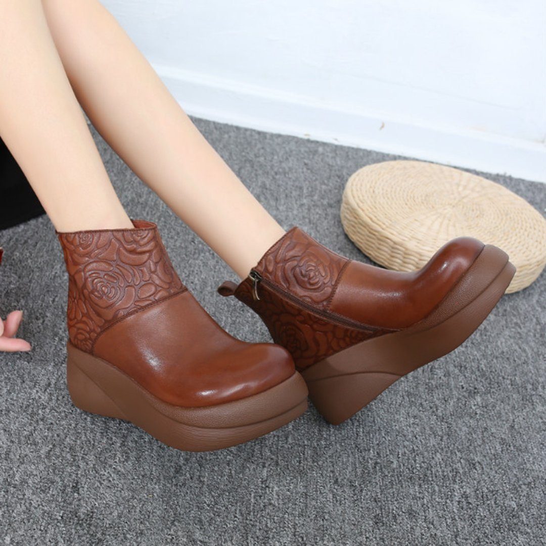 Women Rose Embossed Platform Leather Boots