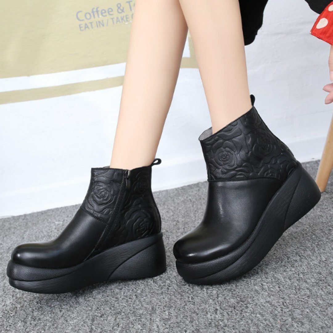 Women Rose Embossed Platform Leather Boots