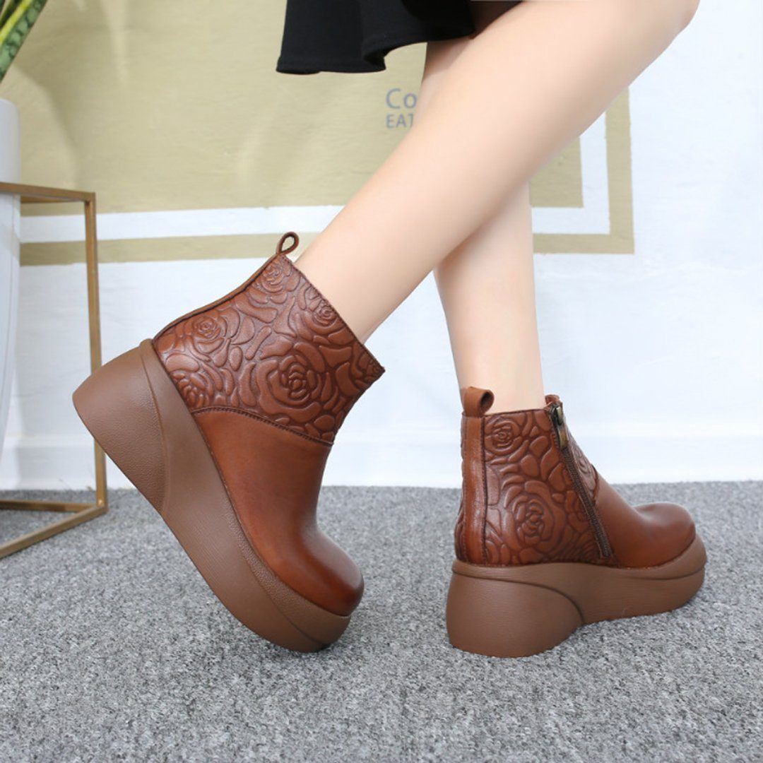 Women Rose Embossed Platform Leather Boots