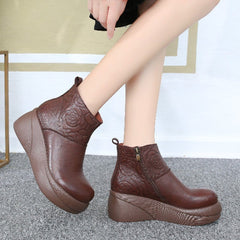 Women Rose Embossed Platform Leather Boots