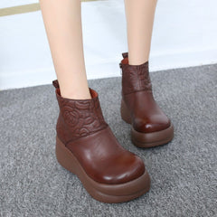 Women Rose Embossed Platform Leather Boots