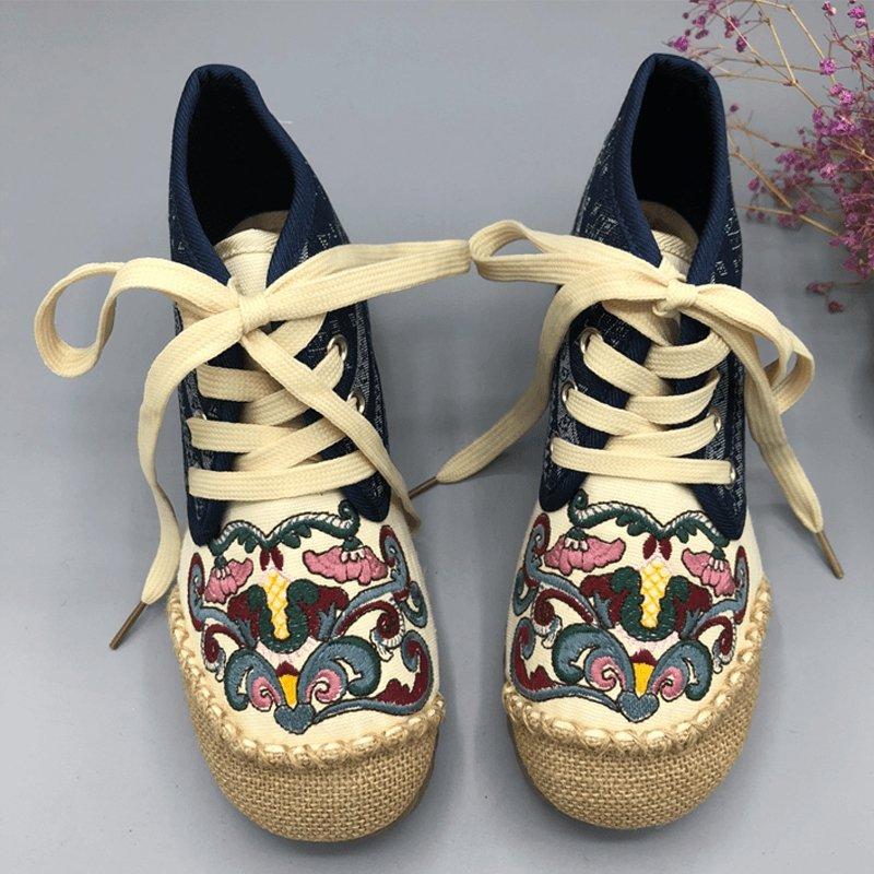 Women Slip On Paneled Embroidered Lace Up Casual Boots