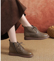 Women Soft Soled Lace Up Hollow Leather Ankle Boots