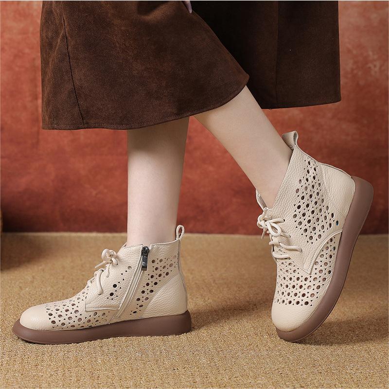 Women Soft Soled Lace Up Hollow Leather Ankle Boots