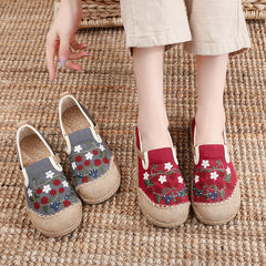 Women Spring Retro Floral Embroidery Linen Casual Shoes