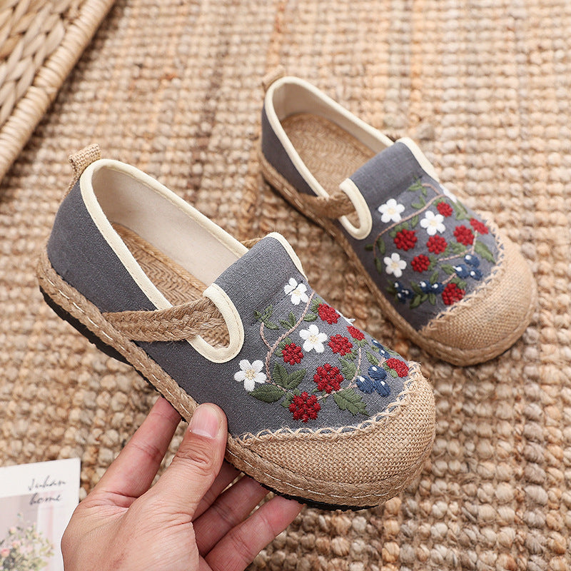 Women Spring Retro Floral Embroidery Linen Casual Shoes