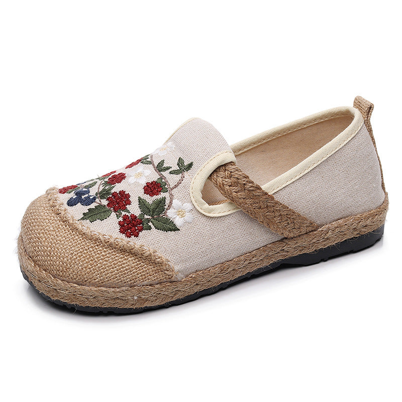 Women Spring Retro Floral Embroidery Linen Casual Shoes