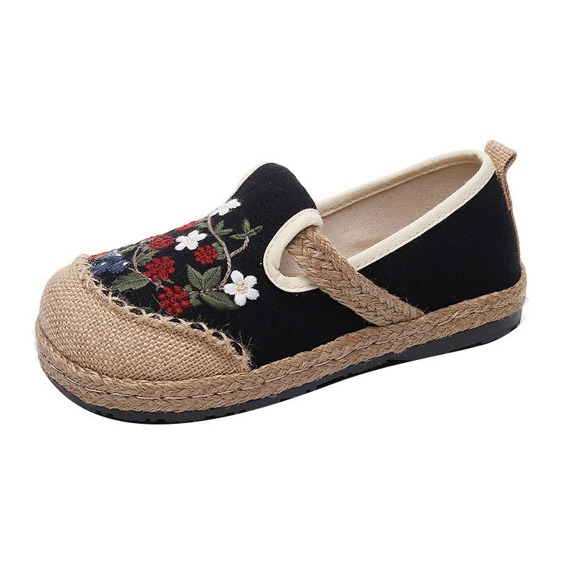 Women Spring Retro Floral Embroidery Linen Casual Shoes