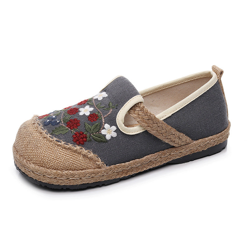 Women Spring Retro Floral Embroidery Linen Casual Shoes