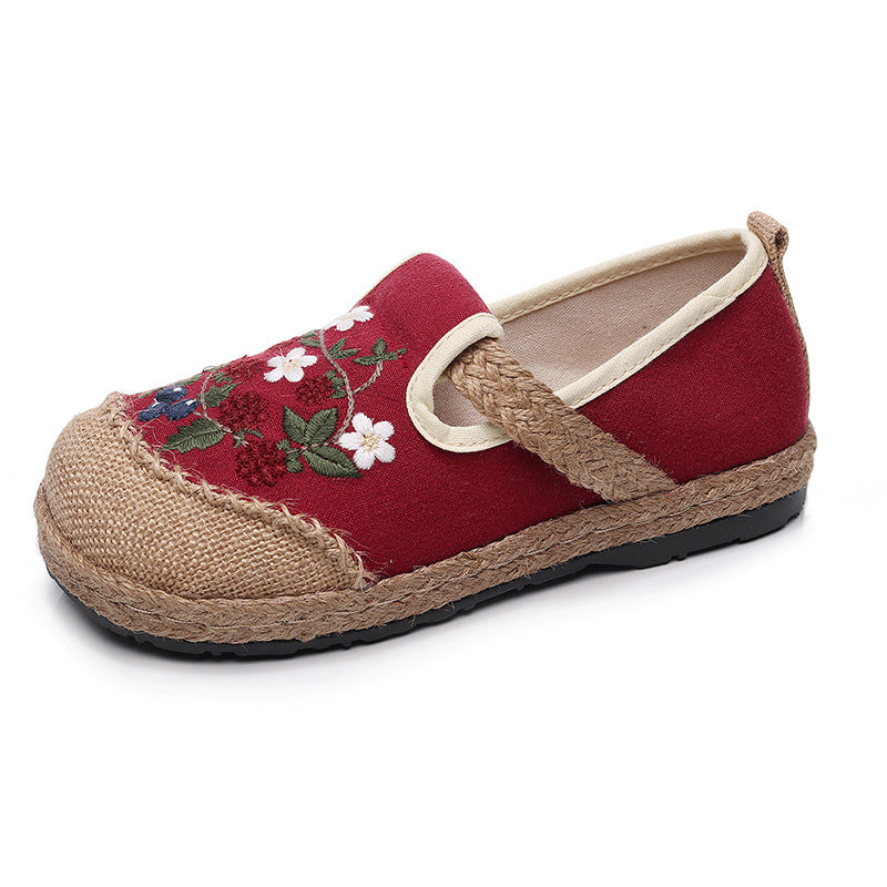 Women Spring Retro Floral Embroidery Linen Casual Shoes