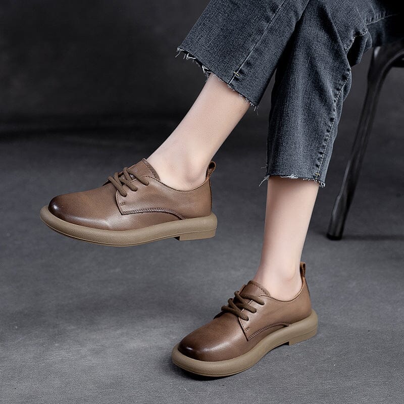 Women Spring Retro Soft Leather Flat Casual Shoes