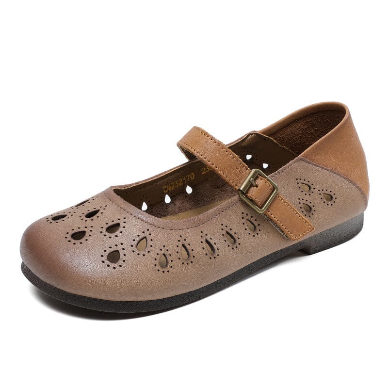 Women Summer Hollow Leather Flat Casual Shoes