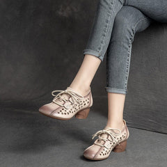 Women Summer Hollow Leather Heels Casual Shoes