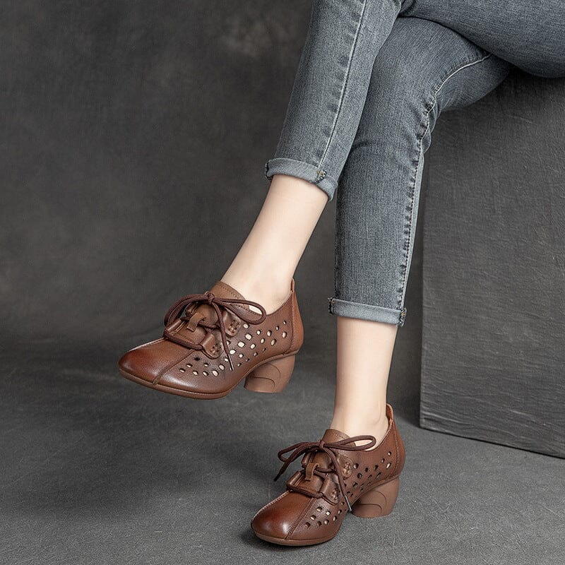 Women Summer Hollow Leather Heels Casual Shoes