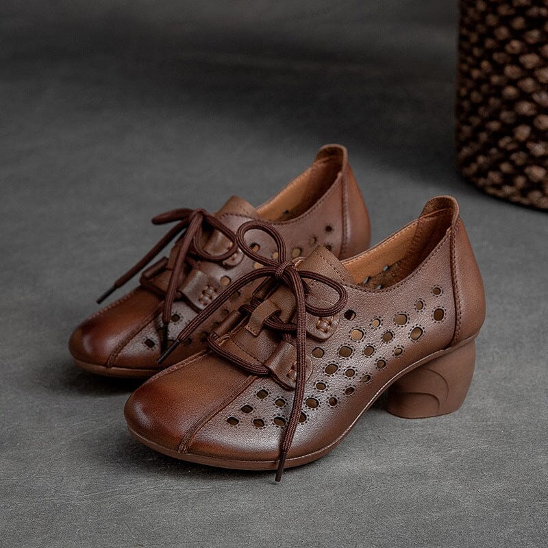 Women Summer Hollow Leather Heels Casual Shoes