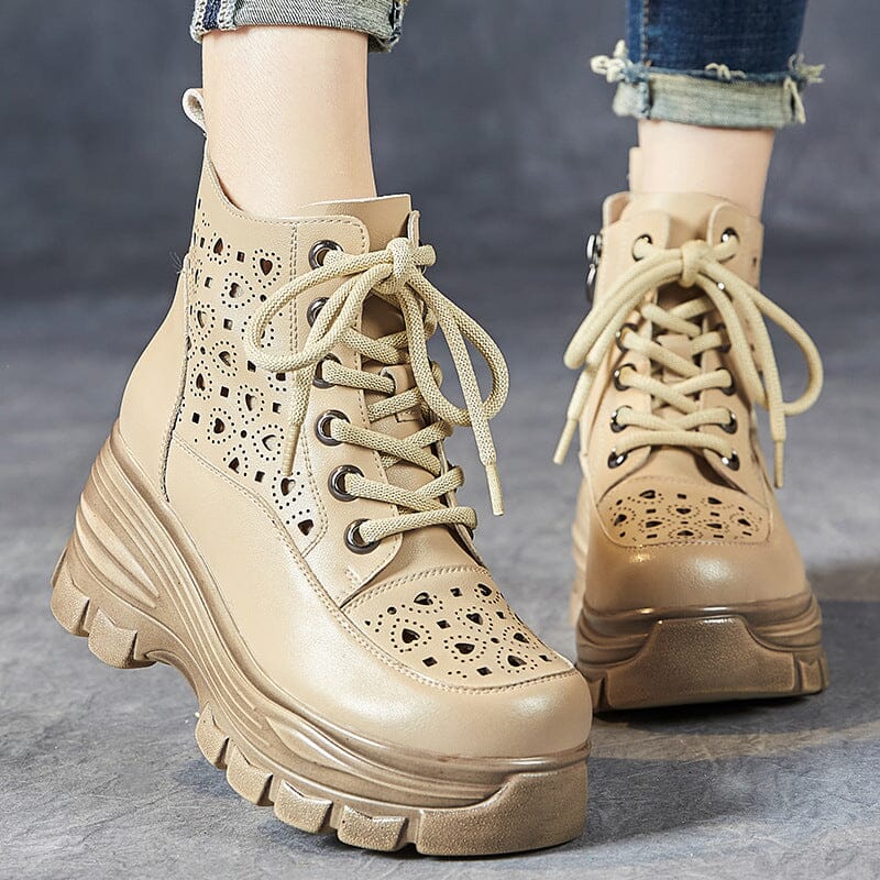 Women Summer Hollow Leather Platform Boots