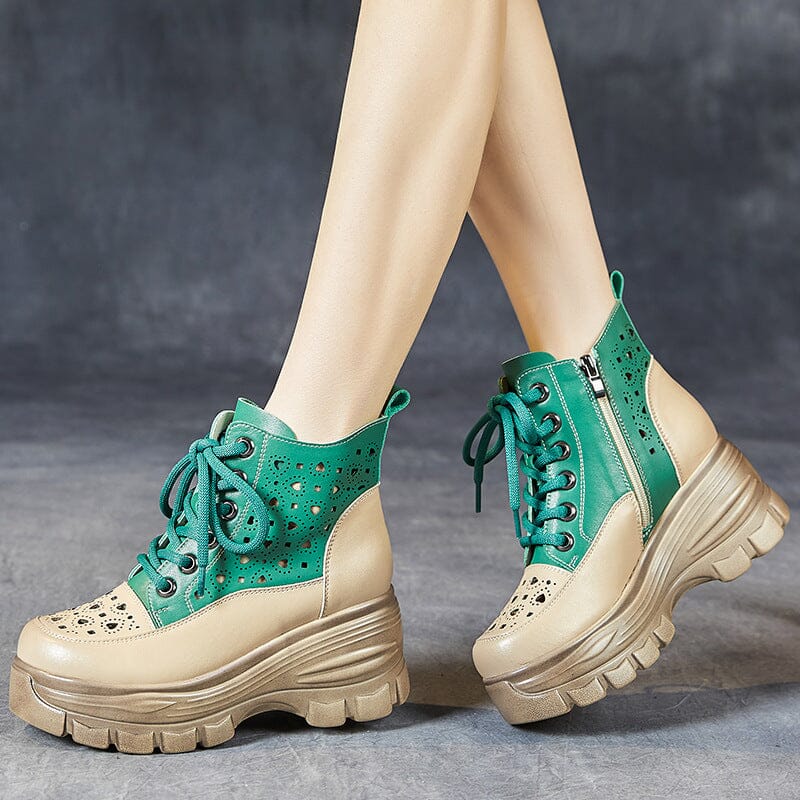 Women Summer Hollow Leather Platform Boots