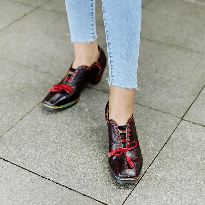 Women Vintage Leather Bowknot Casual Shoes