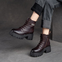 Women Winter Leather Furred Chunky Platform Boots