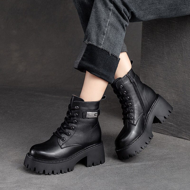 Women Winter Leather Furred Chunky Platform Boots