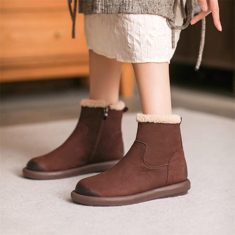 Women Winter Minimalist Leather Furred Flat Boots