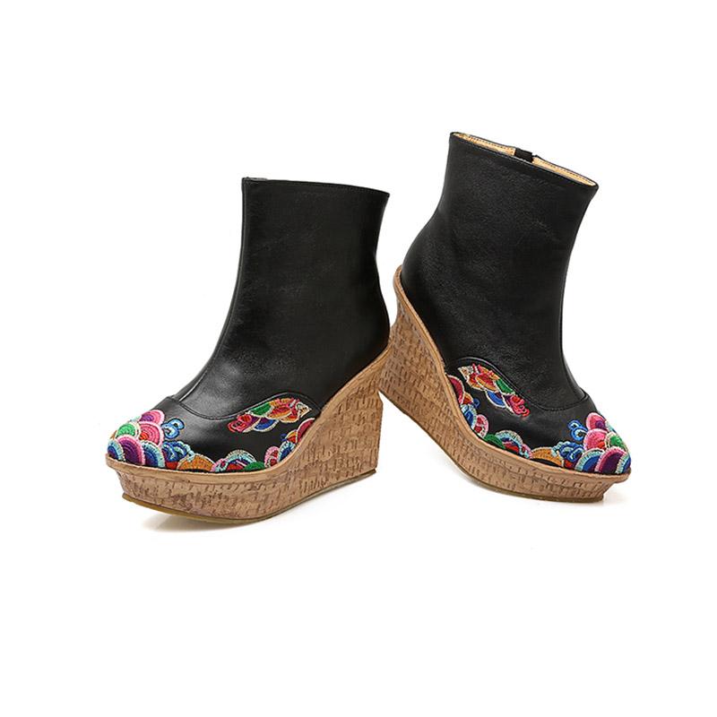 Women's Embroidered Retro Wedge Boots