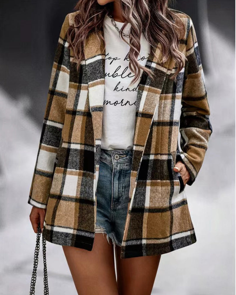 Loose Check Long Sleeve Pocket Wool Jacket