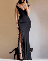 Solid Color V-neck One-shoulder Lace Slit Dress