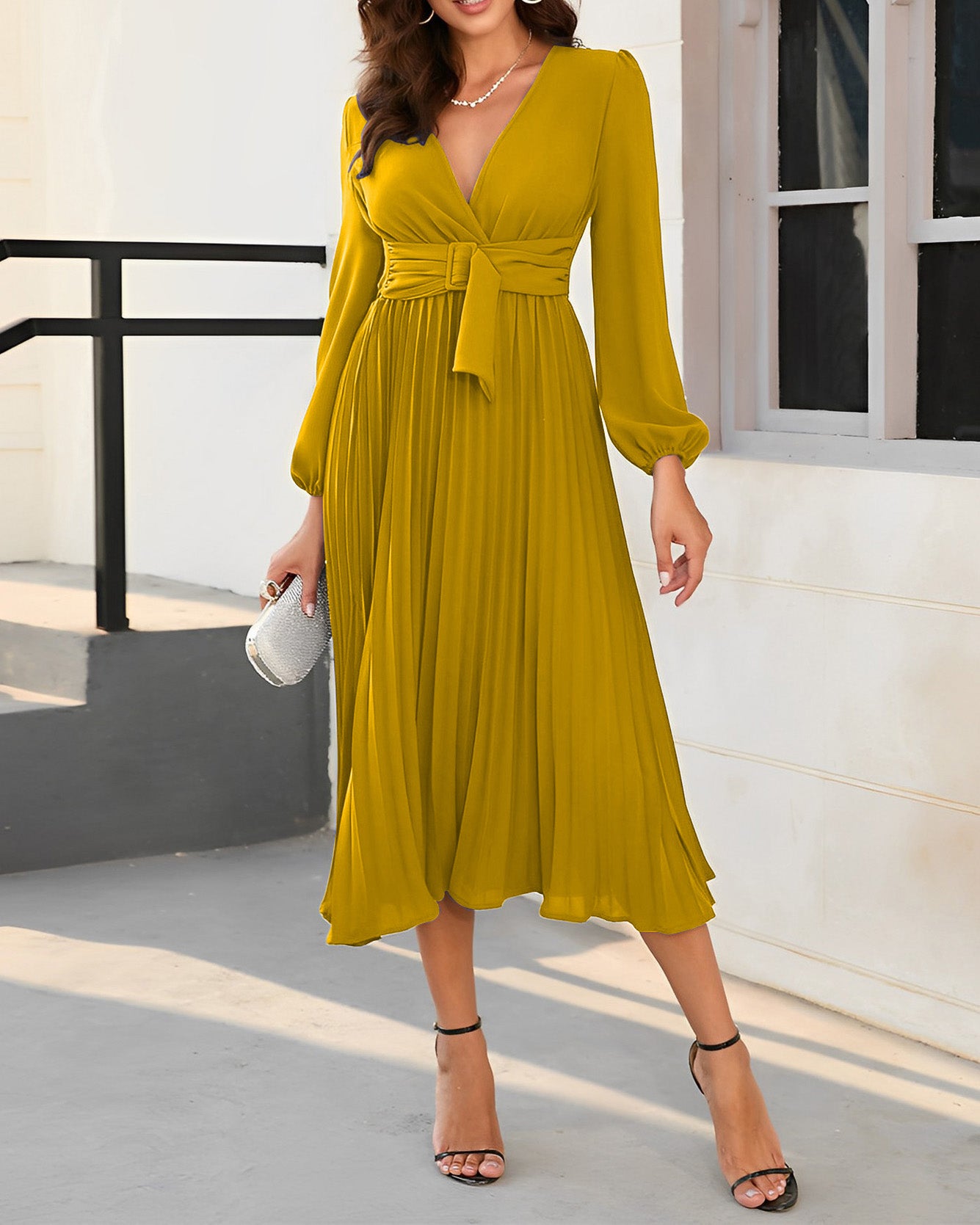 Long Sleeve Fitted Pleated Belt V-Neck Dress