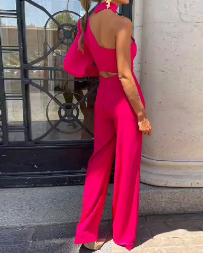 One Shoulder Solid Color Jumpsuit