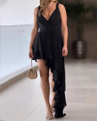 Casual Solid Color V-neck Irregular Dress