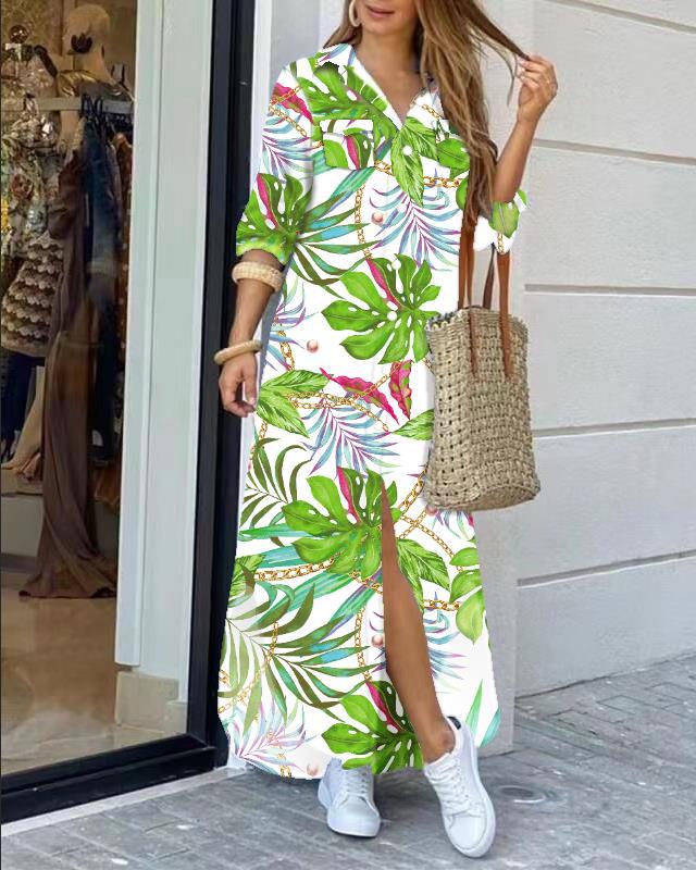 Fashion Long Sleeve Printed Shirt Dress Casual Long Dress